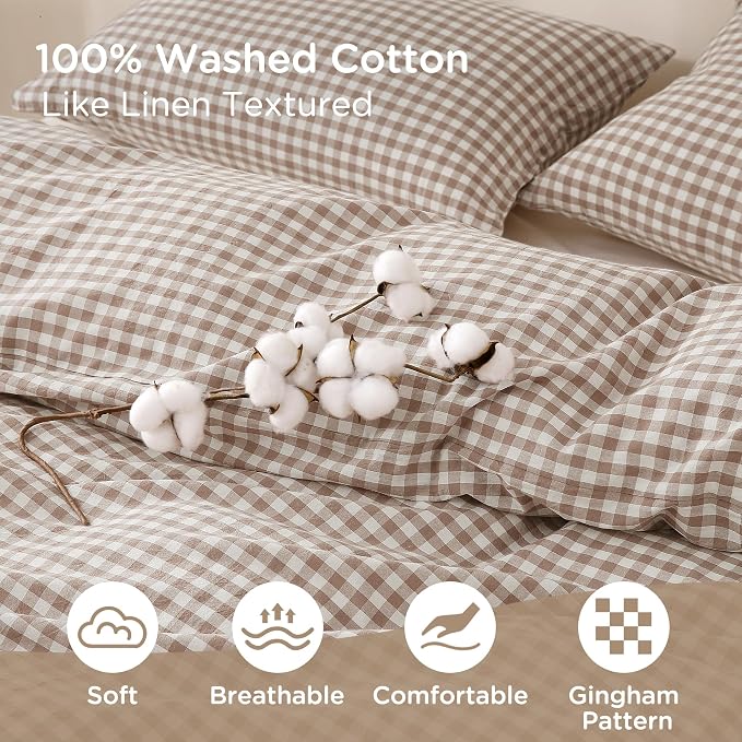 TOCOMOA Tan Gingham Duvet Cover Set Washed Cotton Like Linen Oversized King | 100% Washed Cotton Linen-Like Feel Soft, Breathable & Comfy. Fall Vintage Farmhouse Decor, Zipper & 8 Ties. 3 Pcs, No Insert
