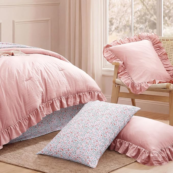 Queen Comforter Set-7 Pieces Ruffle Bedding with Floral Sheet | Soft Pink Bed in a Bag, Soft Lightweight All Season Farmhouse Queen Bedding Sets with Floral Sheets, Pillowcases & Shams
