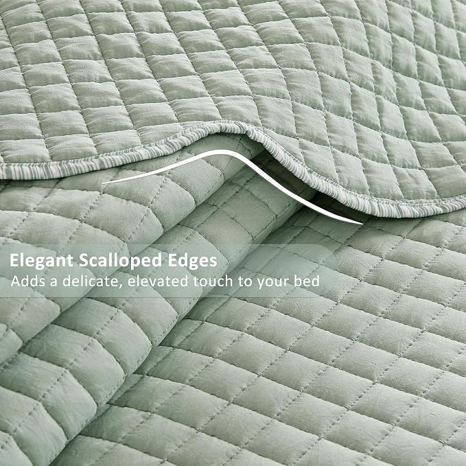 WDCOZY Sage Green Twin Size Quilt Bedding Set, Seafoam Scalloped Farmhouse Country Rustic Lightweight Soft Coverlet for All Season, Cute Cozy Kantha Pick Stitch Bedspread, 1 Pillow Shams