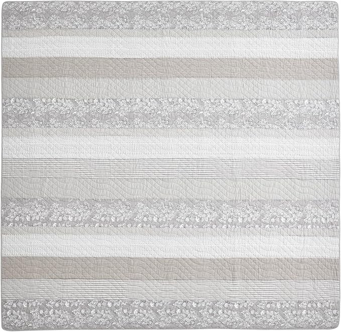 Chezmoi Collection Robyn 3-Piece Gray Taupe White Floral Hibiscus Flower Patchwork Striped Quilt Set - Pre-Washed Soft Lightweight Reversible Cotton Bedspread Coverlet for All Season, Super King Size