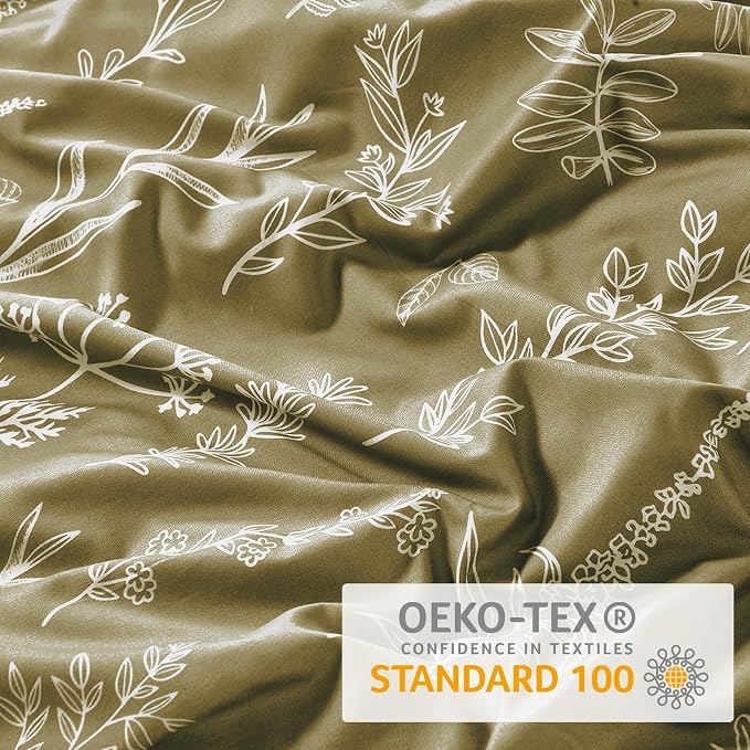 MUXHOMO Duvet Cover Twin/Twin XL Size Set, Reversible Floral Olive Green Duvet Cover with Zipper Closure, 2 Pieces Botanical Patterns Soft Microfiber Bedding Set with 4 Ties (68"x90", 1 Pillow Case)