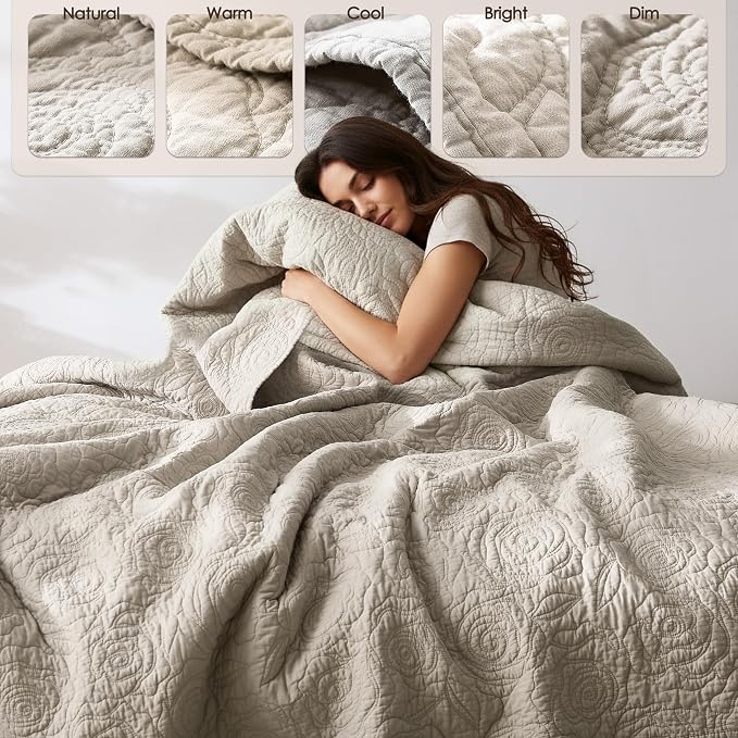 WDCOZY Beige 100% Cotton Quilt Queen Size Bedding Sets with 2 Pillow Shams, Floral Rosette Lightweight Bedspread Soft Farmhouse Patterned Coverlet Quilted Comforter Bed Cover for All Season, 3 Pieces