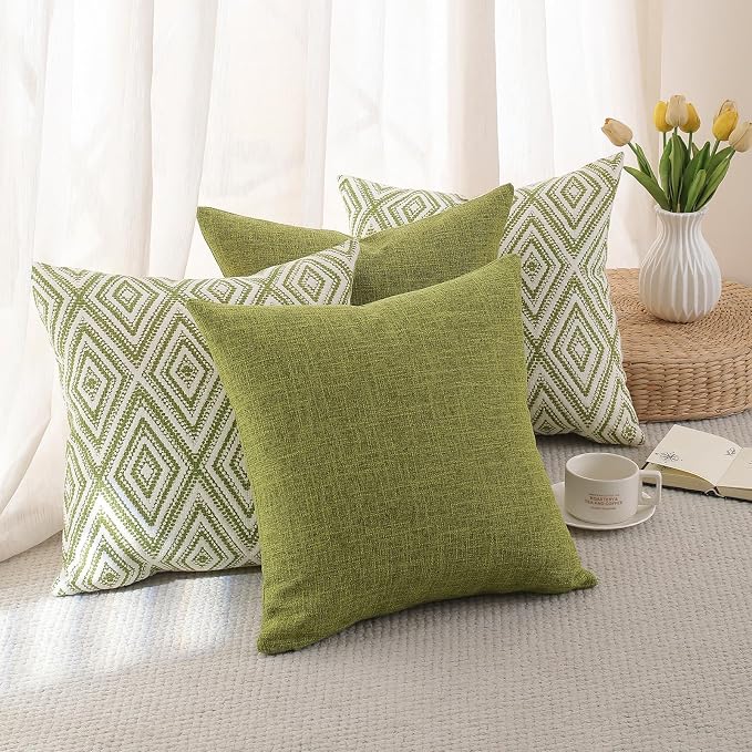 HPUK Throw Pillow Covers 20x20, 4 Pack, Green Textured Couch Pillow Covers | Polyester fabric, patterned and solid designs, hidden zippers, machine washable, for sofas and beds, inserts not included