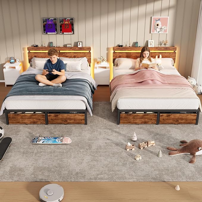 Forestell Full Size Bed Frame with Wood Headboard,2 Storage Drawers & Shelf | Built-in Charging Station & LED Lights, Metal Support, No Box Spring Needed, noise-free, easy assembly, Smart RGB, USB+Type-C