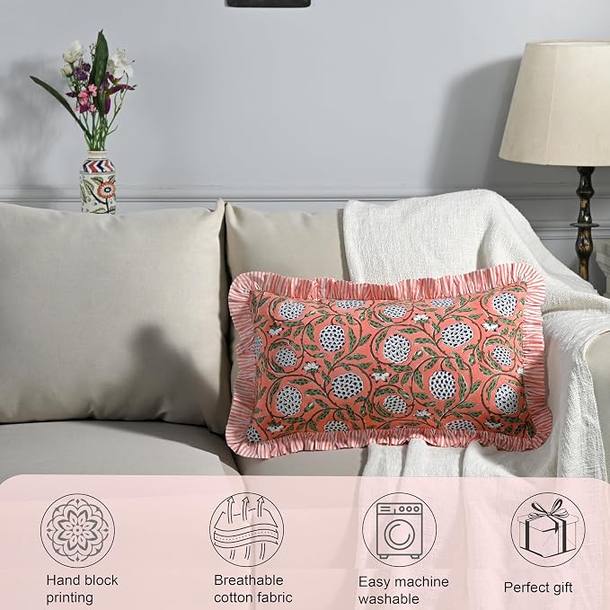 Ridhi Block Print Dark Salmon Pink Ruffle Lumbar Pillow Shams, 20" x 12" | 100% cotton, Floral Pillowcase, Cushion Cover, Hidden Zipper, Cottagecore Bedding, farmhouse boho style, fits couch, sofa,Bed
