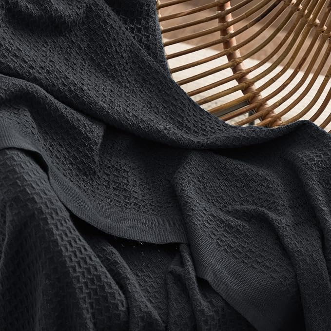 Bedsure 100% Cotton Blanket, Waffle Weave, Full Size, Black, 80"x90" | Breathable, Soft, Cozy, Cooling, Waffle Texture, Summer Blanket for Bed, Gifts for Women, Machine Washable, All Seasons