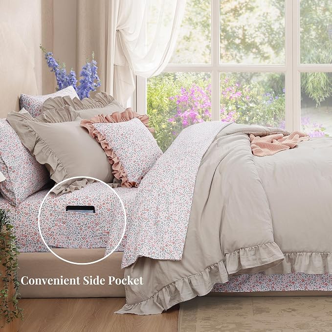 Full Size Comforter Sets-7 Pieces Ruffle Bedding Floral Sheet | Brich Bed in a Bag, Soft Lightweight All Season Farmhouse Full Size Bedding Sets with Floral Sheets, Pillowcases & Shams
