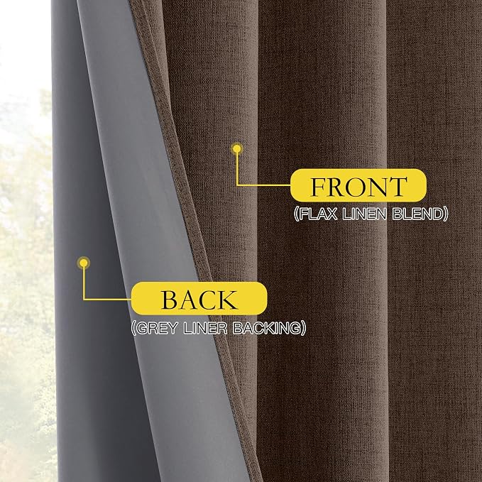 NICETOWN 100% Blackout Brown Curtains for Living Room 2 Panels Linen Blend | Bedroom Curtains for Light Sensitive Sleepers Noise Reducing, Privacy Protection, Thermal Insulated, W52" x L84" per Panel
