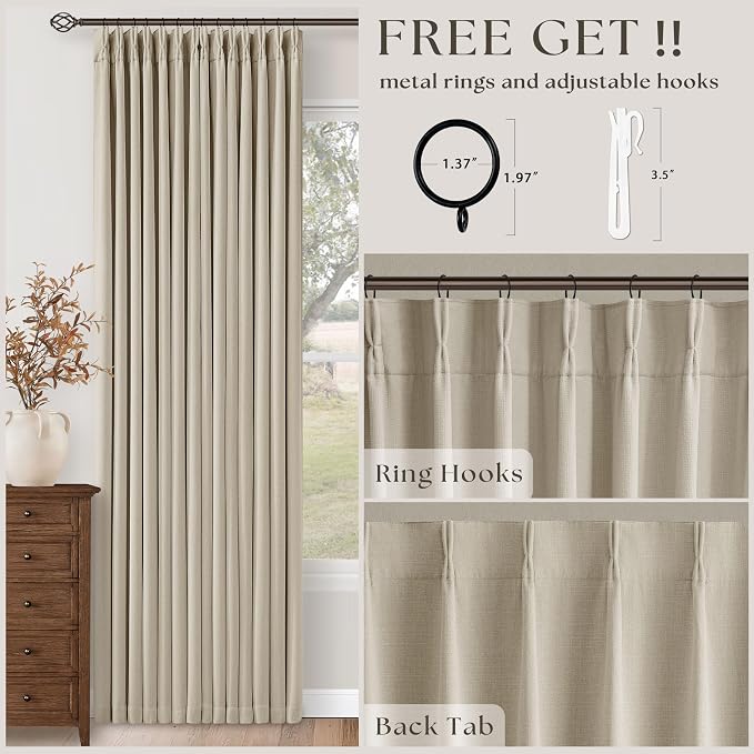 Extra Wide Oatmeal Beige Blackout Sliding Glass Door 108 Inch Curtains | Memory Trained Pinch Pleated, Linen Double Layer, 100% Black Out Heat Blocking Curtain, 70 Inch Width 108 Inch Length 1 Panel