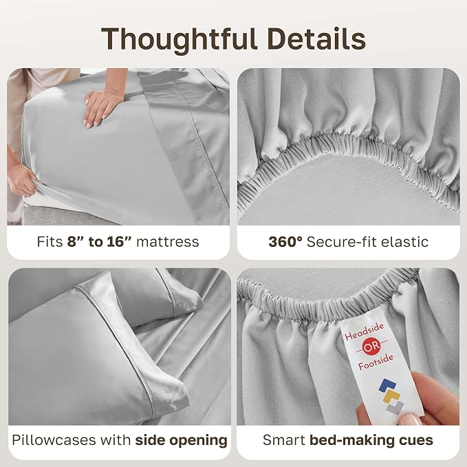 California Design Den Soft 100% Cotton Sateen King Sheets Set, Light Grey | 400 Thread Count Backed by Good Housekeeping Seal, 16" Deep Pocket, All-Around Elastic, Durable, Easy Care