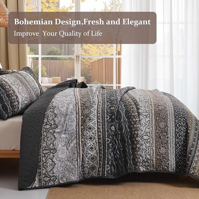 WONGS BEDDING Boho Quilt King Size,3 Pcs Bedspread Set, Brown | Colorful Bohemian Striped Printed Bedding for All Season, Lightweight Microfiber Coverlet Set with 2 Pillowcases(104"x90")