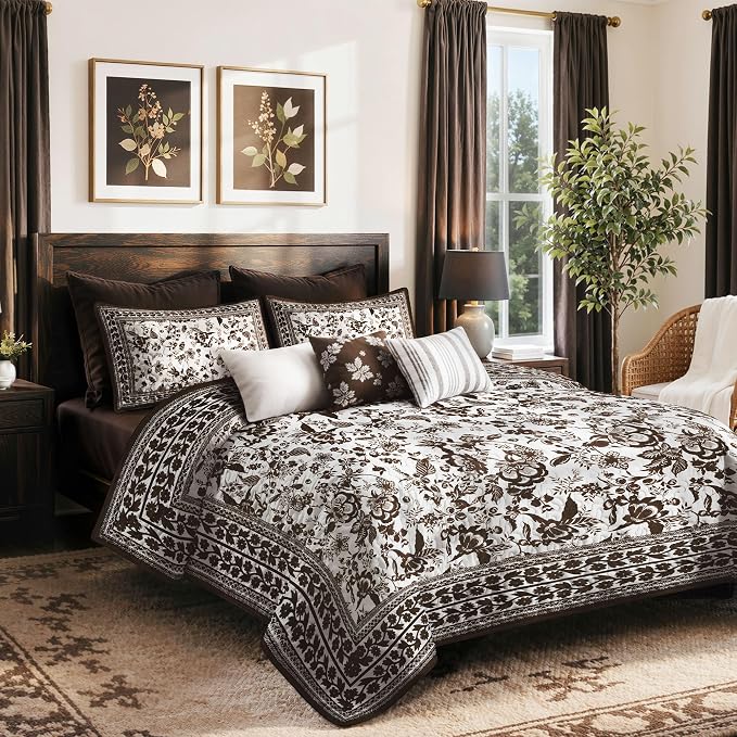 FLYMME Brown and White Vintage Floral Quilt Set Full/Queen Size, 3-Piece Classic Reversible Bedspread Coverlet with 2 Pillow Shams, Lightweight Botanical Bedding Set for All Season