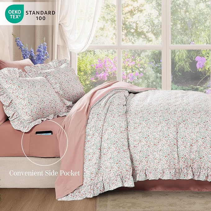 Full Size Comforter Sets-7 Pieces Floral Ruffle Bedding Set | Pink Ditzy Bed in a Bag, Soft Lightweight All Season Farmhouse Full Size Bedding Sets with Sheets, Pillowcases & Shams