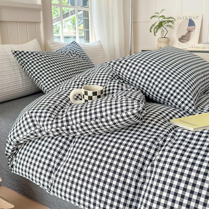 LifeTB Twin XL Comforter Set Black Gingham Comforter for Men Boys Geometric Plaid Comforter Set Grid Checkered Pattern Comforter with 2 Pillowcases Fluffy Soft Plaid Gingham Bedding Set Twin XL