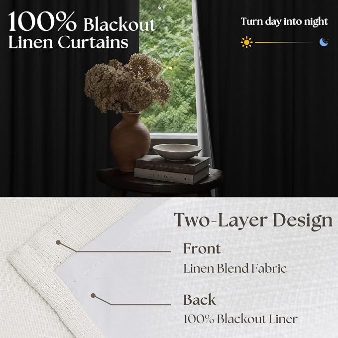 112 Inch Pinch Pleated Blackout Linen Curtains for Bedroom Ivory White | Memory Trained, 100% Black Out, Soundproof Room Darkening, Cream White Window Curtains Double Layer, Pinch Pleat Drapes