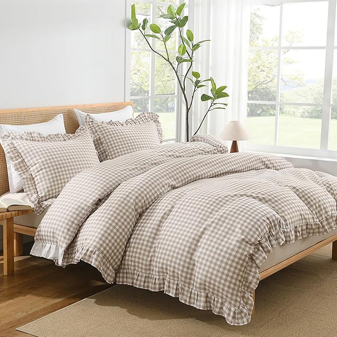 Andency Tan Gingham Duvet Cover Full, Ruffle Shabby Chic Bedding Set 3 Pcs | Farmhouse Soft Pre-Washed Polyester Comforter Cover with Zipper Closure & Corner Ties, 79x90Inch