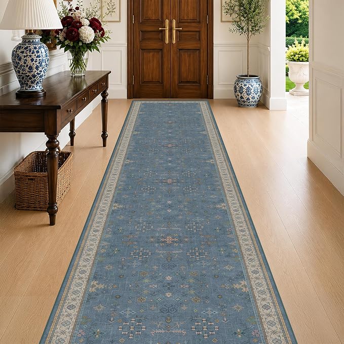 Vintage 3x12 Long Hallway Runner Rug - Blue Boho 3x12 Kitchen Floor Mat, Washable Low Pile Thin Carpet for Bedroom Bedside, Modern Eclectic Boho Design Décor