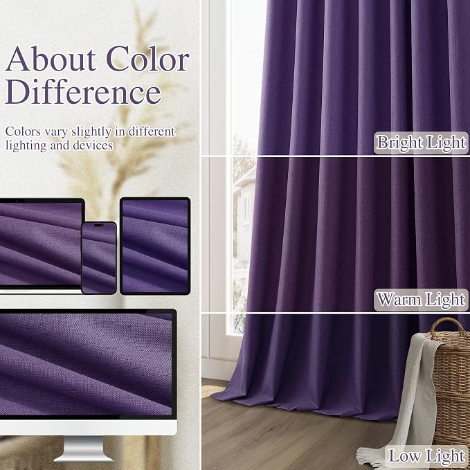 100% Blackout Curtains 84 Inch Length 2 Panels Set for Living Room Bedroom Back Tab Thermal Insulated Black Out Linen Drapes Room Darkening New Purple,52x84
