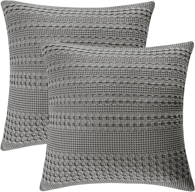 PHF 100% Cotton Waffle Weave Pillow Covers 24" x 24", 2 Pack Luxury Square Shell for Elegant Home Decor, No Filling, Luxury Aesthetic Soft Pillow Covers for Bed, Dark Grey