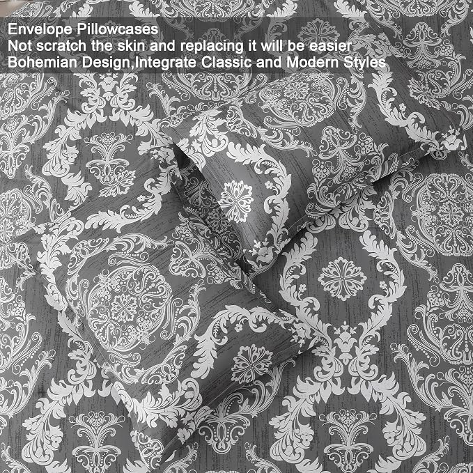 WONGS BEDDING Dark Grey Comforter Set King Size, Damask Texture 7 Pieces Bed in a Bag Microfiber Comforter Bedding Sets -1 Comforter, 1 Flat Sheet, 1 Fitted Sheet, 2 Pillow Shams, 2 Pillowcases