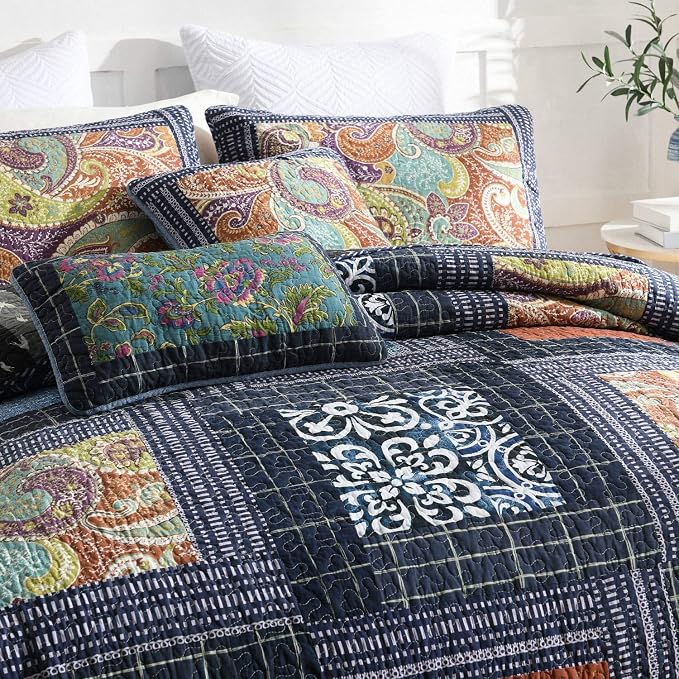 Bedspread Quilt Set with Real Stitched Embroidery, Paisley Grid Pattern,Queen Size