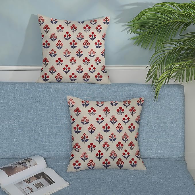 4th of July Pillow Covers 22x22 Inch 2 Pcs Red Blue Block Print Vintage Floral Patriotic Outdoor Decor Throw Pillows Memorial Day Holiday Decoration Pillowcase Linen Cushion Cover for Couch