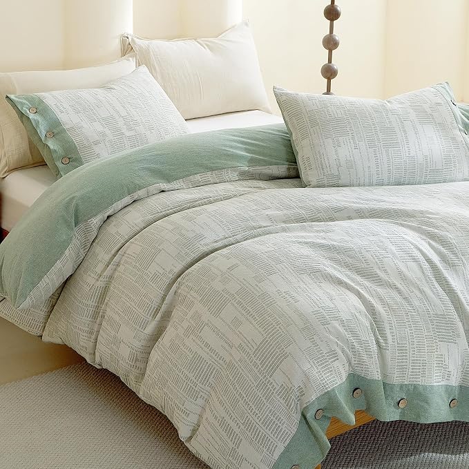 Oli Anderson 100% Egyptian Cotton Duvet Cover King Size, Green, 3 Pieces | Yarn Dyed Jacquard Textured Bedding Set, Striped Boho Design, Pre-Washed, Button Closure, Soft Breathable, All Season Comfort