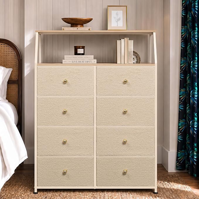 WLIVE Beige Boucle 8-Drawer Fabric Dresser Storage Tower Bedroom | Boucle fabric 8-drawer storage tower with open shelves and wood top, stylish for bedroom closet living room decor