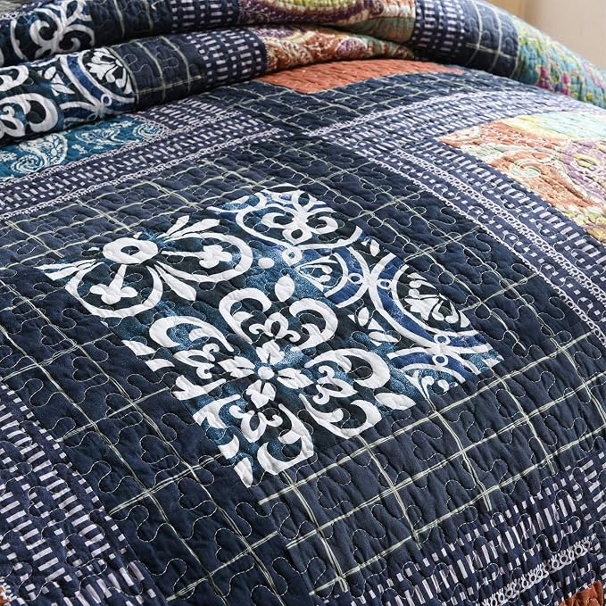 Cotton Patchwork Bedspread, 3-Piece Bedding Quilt Set with Real Stitched Embroidery, Reversible Matelasse Bed Coverlet Set,Vintage Flowery Grid,Queen Size