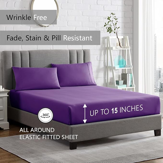 American Home Collection Twin XL Sheet Set - Ultra-Soft Microfiber 15-Inch Deep Pocket - College Dorm Bed Sheets, Wrinkle Free (Purple)