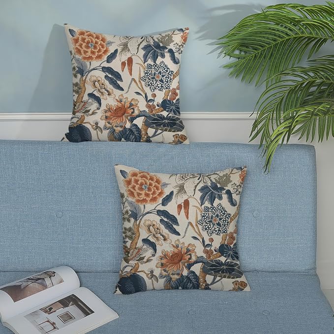 Navy Blue Orange Boho Pillow Covers 18x18 Inch 2 Pcs Chinoiserie Blue Floral Bird Decor Throw Pillows Vintage Flower Seasonal Outdoor Farmhouse Pillowcase Linen Cushion Cover for Couch Sofa