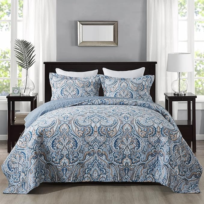 Cotton Bedspread Quilt Sets-Reversible Patchwork Coverlet Set, European Grey Floral Pattern, Queen Size
