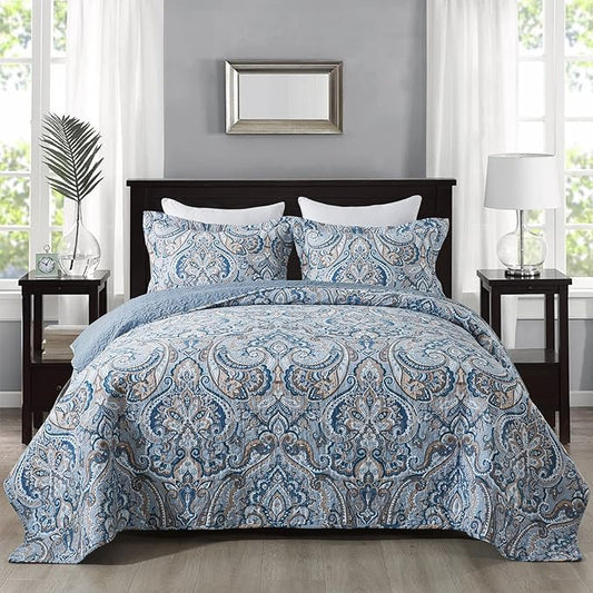 Cotton Bedspread Quilt Sets-Reversible Patchwork Coverlet Set, European Grey Floral Pattern, Queen Size