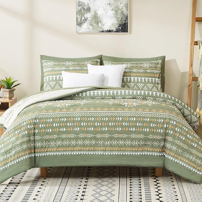 King Size Comforter Set - 7 Pieces Western Bedding Reversible Bed in a Bag | Boho Bedding, All Season Aztec Bed Set with Comforter, Sheets, Pillowcases & Shams, Olive Green