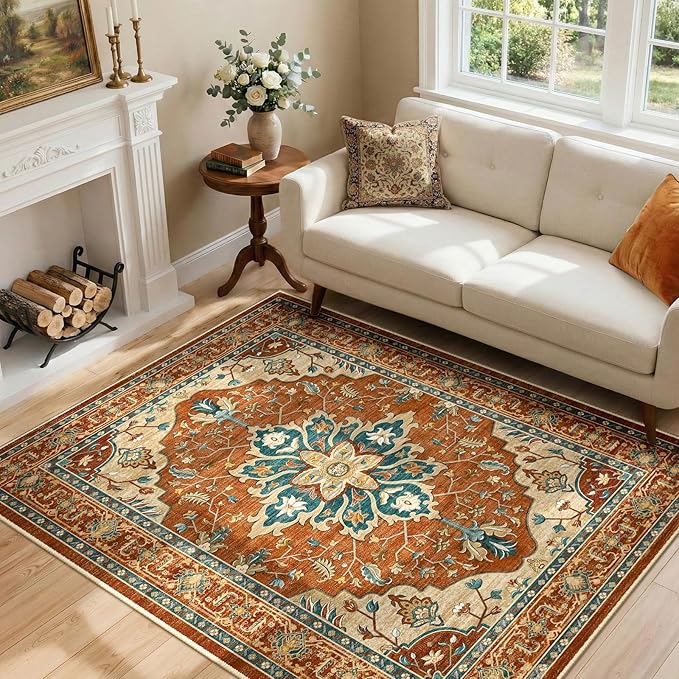 RELEANY Washable Area Rug, 4'x6', Red/Orange/Blue/Brown | Non-Slip, Water Repellent, Pet Friendly, Easy to Clean, Vintage Floral Boho Decor for Living Room Bedroom Kitchen Office