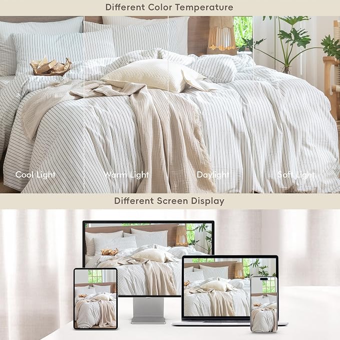 MooMee Striped Duvet Cover Set 100% Washed Cotton Linen Like Oversized King | Relaxed Linen-like Texture. Soft, Breathable & Long-lasting Comfort. Lightweight. Hidden Zipper with 8 Interior Corner Ties