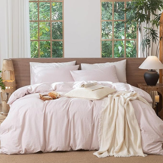 MooMee Striped Duvet Cover Set 100% Washed Cotton Linen Like King | Relaxed Linen-like Texture. Soft, Breathable & Long-lasting Comfort. Lightweight. Hidden Zipper with 8 Interior Corner Ties