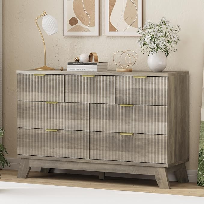 Xixini Fluted Dresser for Bedroom with 7 Drawers, 48" Wide Modern Chest of Drawers with Metal Handle, Wood Dresser TV Stand, Wooden Closet Clothes Storage Organizer for Living Room, Hallway, Grey