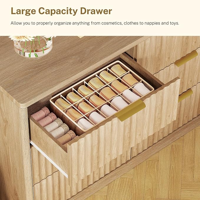 63" Dresser for Bedroom with 9 Drawers, Modern Dressers & Chest of Drawers with Metal Handles, Fluted Dresser, Wood Closet Clothes Storage Organizer for Living Room, Hallway, Natural