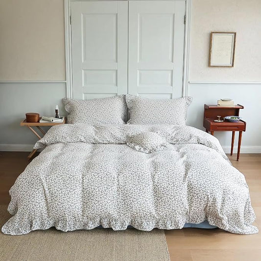 Blue Floral Print Duvet Cover Full Bed Comforter Cover 79"x90", Cotton Muslin Quilt Cover with Ruffles Chic Princess Bedding Duvet Cover with Zipper, No Pillow Cases/Filling