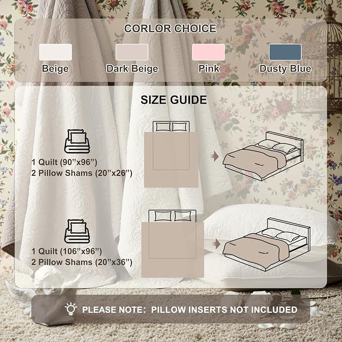 WDCOZY 100% Cotton King Size Quilt Bedding Sets Floral Rosette Pink | Pre-Washed Thin Farmhouse Bedspread, 106"x96" Comforter + 2 Shams 20"x36", Lightweight Coverlet, All-Season, Machine Washable