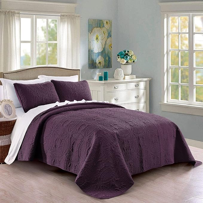 Quilt Set Full/Queen Size Purple - Oversized Bedspread - Soft Microfiber Lightweight Coverlet for All Season - 3 Piece Includes 1 Quilt and 2 Shams, Geometric Pattern