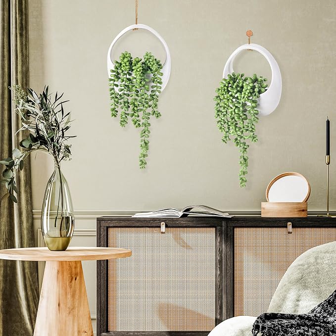 Der Rose 2 Pack Artificial Hanging Plants in White Pots for Boho Wall Decor | Mixed trailing succulent styles, included hanging strings,wall or shelf display for bathroom bedroom office decor