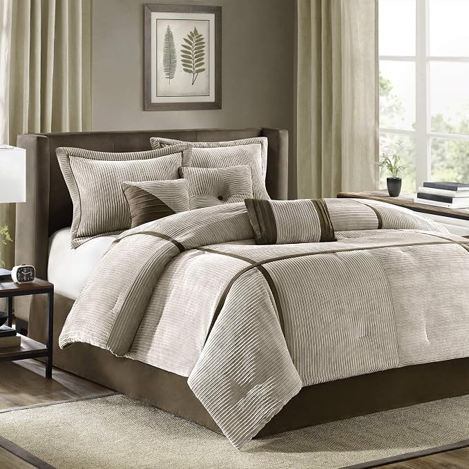 Madison Park Casual Blocks Comforter Set, 7PC Cal King Bedding Set | All Season, with Comforter, Shams, Bed Skirt, Decorative Pillows, Lightweight, Taupe Brown
