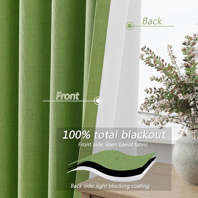 100% Blackout Curtains 90 Inch Length 2 Panels Set for Living Room Bedroom Back Tab Thermal Insulated Black Out Linen Drapes Room Darkening Lime Green,52x90