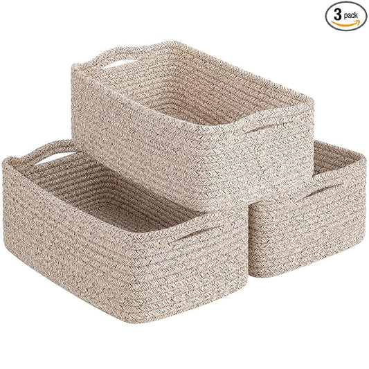 Goodpick 3Pack Rope Storage Baskets for Shelves Organizing, 11 x 7 x 4.5 in | Woven Baskets for Closet Fit Bedroom Lving Room, Small Baskets for Gift Empty, Dog Toy Basket for Pets, White & Brown