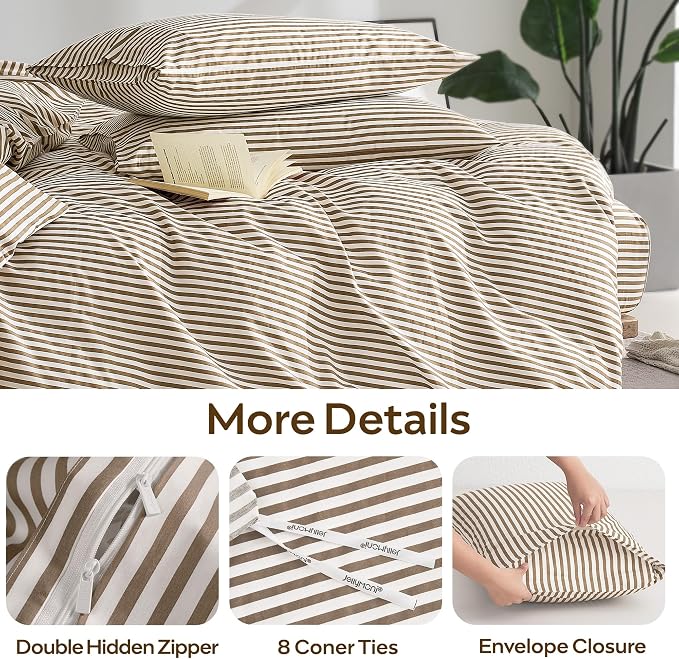 JELLYMONI 100% Cotton Classic Striped King Duvet Cover Set, Tan/White | Breathable Softness, Oeko-Tex Certified, Classic Stripes, 8 Corner Ties & Double Hidden Zipper