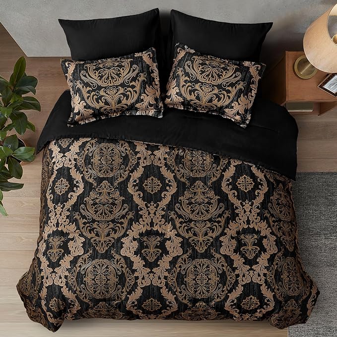 WONGS BEDDING Black Comforter Set King Size, Gold Damask Texture 7 Pieces Bed in a Bag Microfiber Comforter Bedding Sets -1 Comforter, 1 Flat Sheet, 1 Fitted Sheet, 2 Pillow Shams, 2 Pillowcases