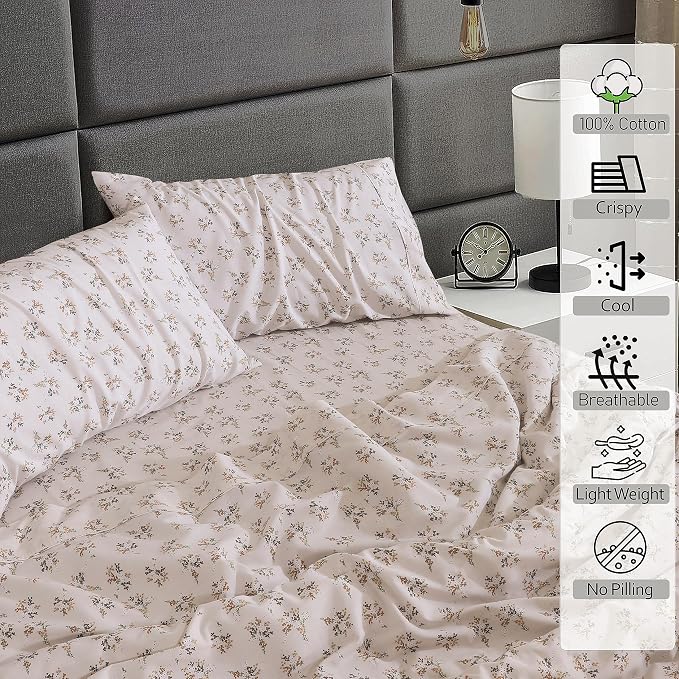 RUVANTI 100% Cotton Percale Sheets Queen Size, Twin Spring | Crisp Cooling, Deep Pocket 16", Soft Breathable & Durable, Hotel-Style, 4 Piece Set