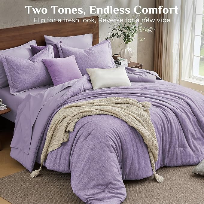JOLLYVOGUE Purple Queen Comforter Set, Cationic Dyeing Bed in a Bag Queen 7 Pieces, Double-Tone Bedding Set with Down Alternative Comforter, Sheets, Pillowcases & Shams